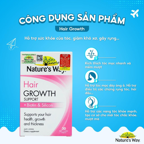 Nature's Way Viên Uống Hỗ Trợ Mọc Tóc Hair Growth Support Bổ Sung Biotin & Silicon 30 Viên