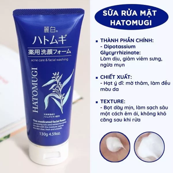 Hatomugi Sữa Rửa Mặt Ngừa Mụn, Làm Sáng Da The Medicated Facial Foam 130g