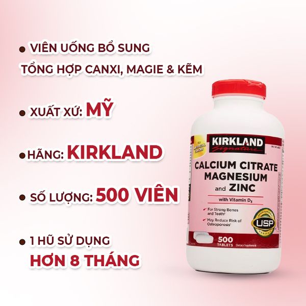 Kirkland Viên Uống Bổ Sung Tổng Hợp Canxi, Magie & Kẽm Signature Calcium Citrate Magnesium And Zinc 500 Viên