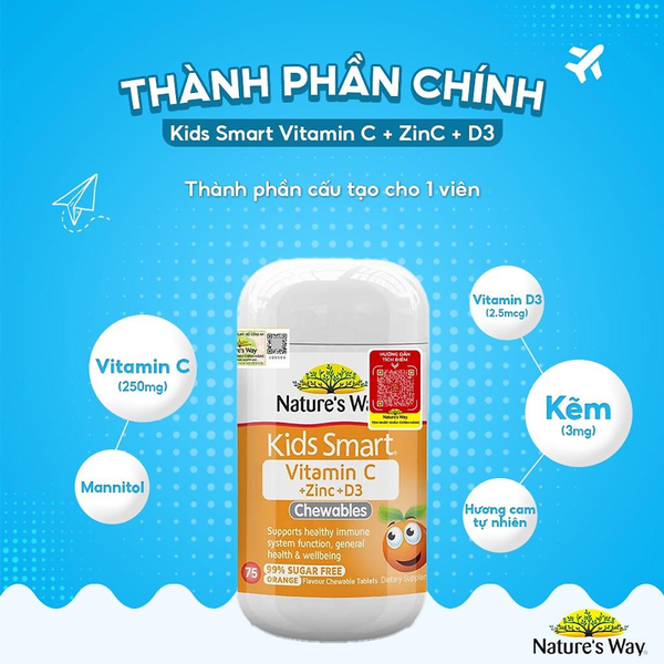 Nature’s Way Viên Nhai Bổ Sung Vitamin C Kẽm Cho Bé Kids Smart Vitamin C + Zinc + D3 Chewable Tablets 75 Viên