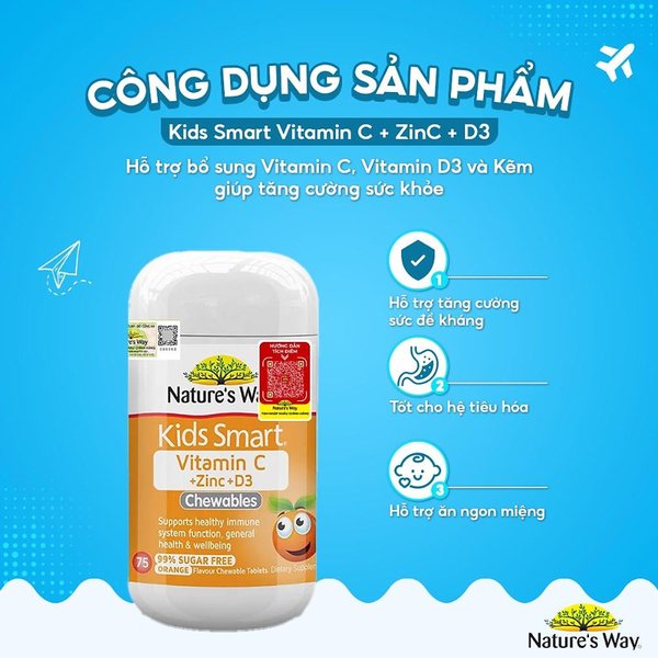 Nature’s Way Viên Nhai Bổ Sung Vitamin C Kẽm Cho Bé Kids Smart Vitamin C + Zinc + D3 Chewable Tablets 75 Viên