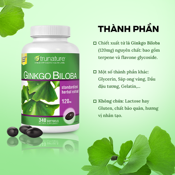 Trunature Viên Uống Hỗ Trợ Tuần Hoàn Não Và Trí Nhớ Ginkgo Biloba 120mg 340 Viên