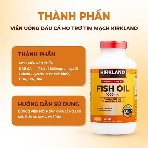 Viên Uống Dầu Cá Hỗ Trợ Tim Mạch Kirkland Signature Fish Oil 1000mg Mỹ 400 viên