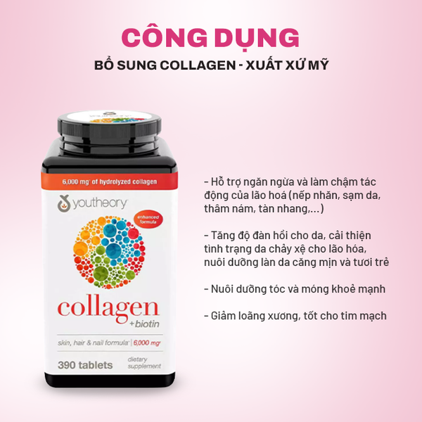 Viên Uống Bổ Sung Collagen Da, Tóc Và Móng Youtheory Type 1 2 & 3 Skin, Hair & Nail Formula Mỹ 390 Viên