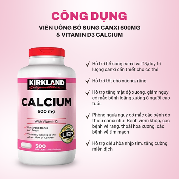 Kirkland Viên Uống Hỗ Trợ Bổ Sung Canxi 600mg & Vitamin D3 Calcium 500 Viên
