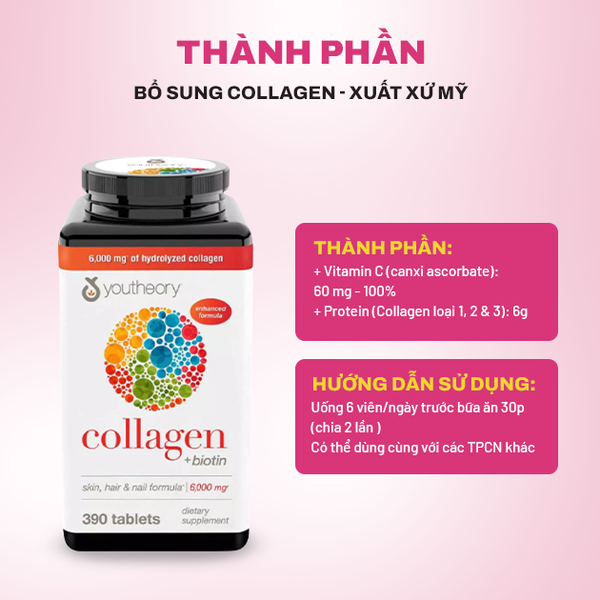 Viên Uống Bổ Sung Collagen Da, Tóc Và Móng Youtheory Type 1 2 & 3 Skin, Hair & Nail Formula Mỹ 390 Viên