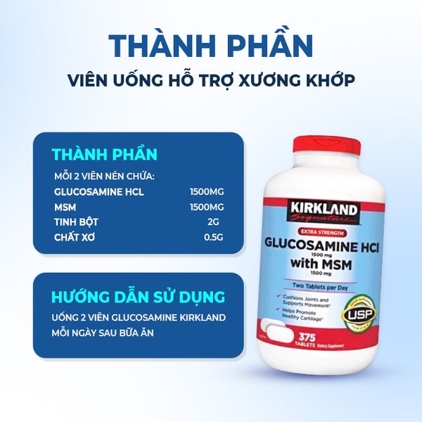 Viên Uống Hỗ Trợ Xương Khớp Kirkland Glucosamine HCL MSM 1500mg Mỹ 375 Viên Nắp Đỏ