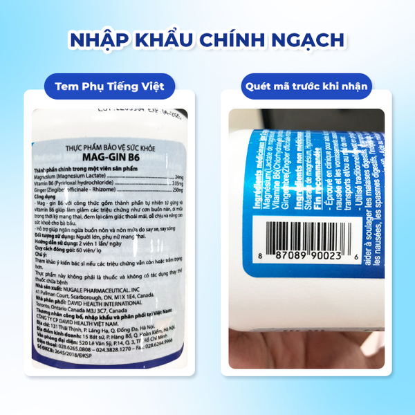 David Health Viên Uống Chống Nôn, Nghén Mag-Gin B6 60 Viên - Hạn Sử Dụng 30/04/2025