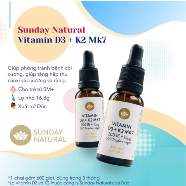 Sunday Natural Vitamin D3 K2 MK7 200IE Hỗ Trợ Tăng Chiều Cao, Chống Còi Xương 20 ml