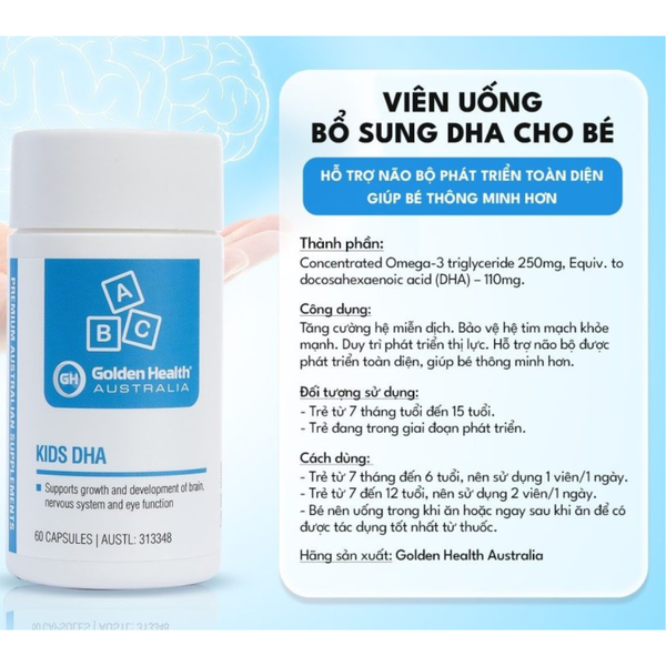 Golden Health Viên Uống Bổ Sung DHA Cho Bé Kids DHA 60 Viên - Hạn Sử Dụng 31/10/2025