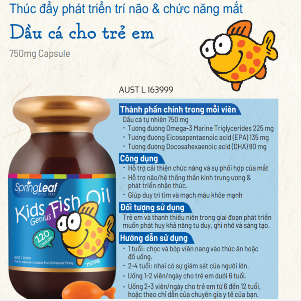 SpringLeaf Viên Uống Bổ Sung DHA Và EPA Cho Bé Kid Fish Oil 750mg 120 Viên