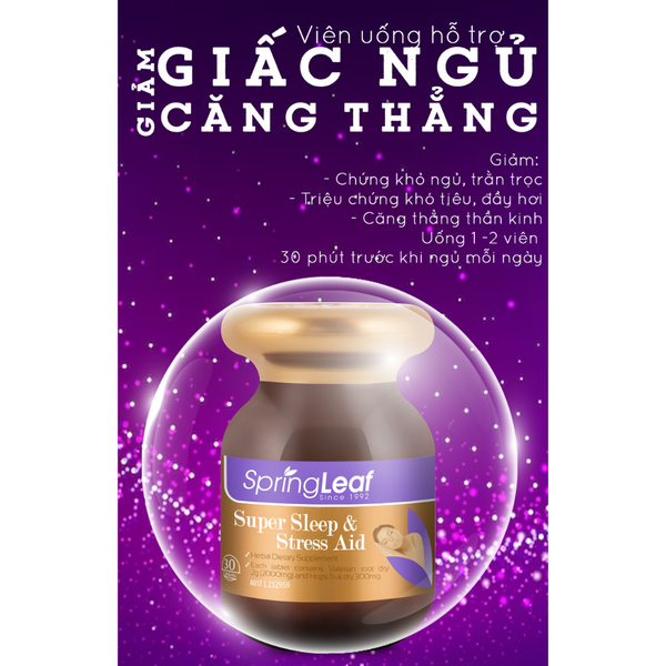 SpringLeaf Viên Uống Hỗ Trợ Ngủ Ngon, Giảm Căng Thẳng Super Sleep & Stress Aid 30 Viên