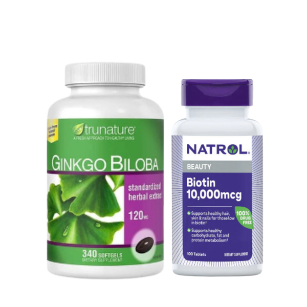 Combo Hỗ Trợ Mọc Tóc - Trunature Ginkgo Biloba 120mg 340 Viên, Natrol Biotin 10000mcg 100 Viên