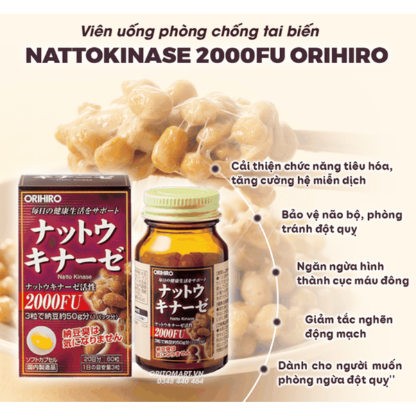 Orihiro Viên Uống Hỗ Trợ Phòng Đột Quỵ Nattokinase 2000 FU 60 Viên