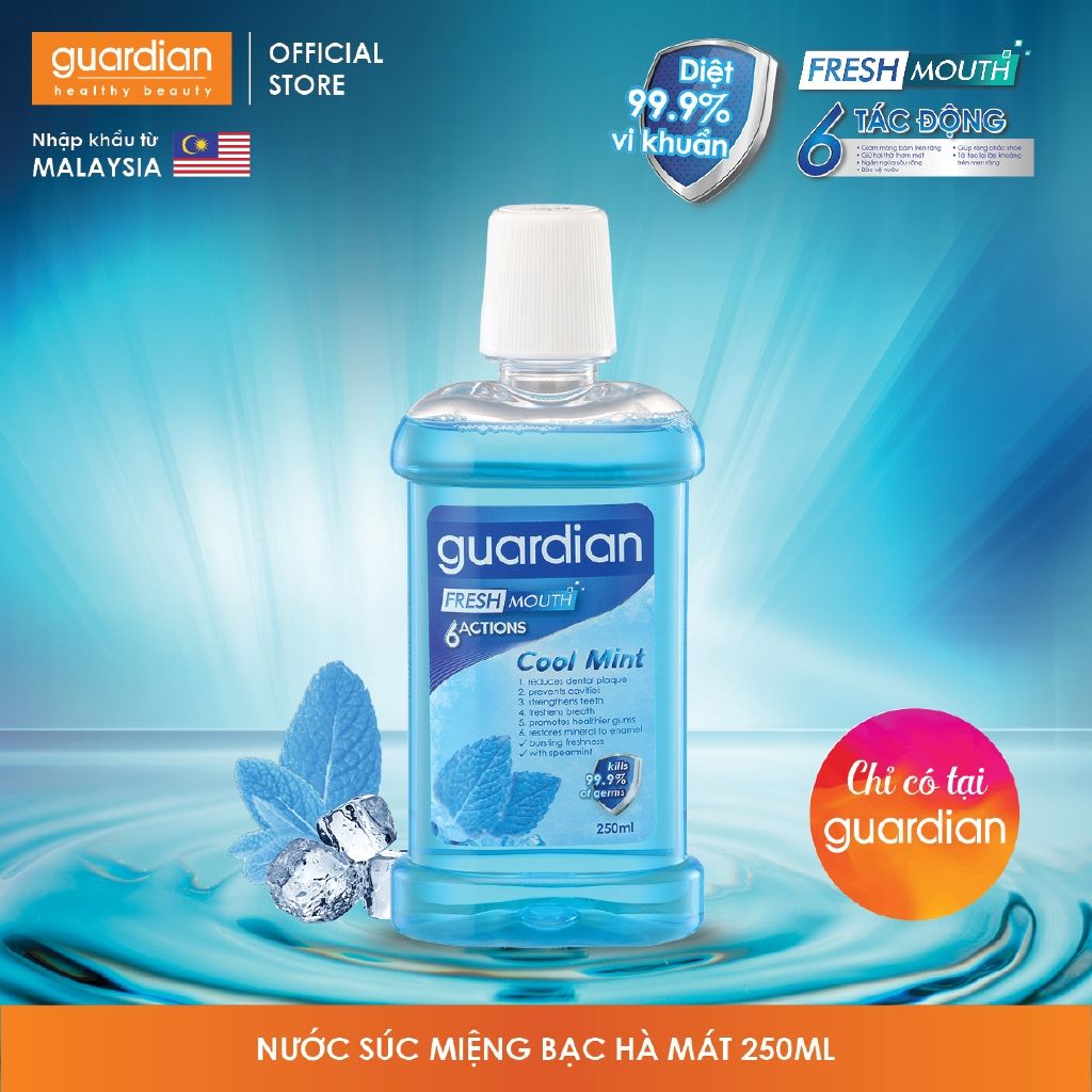 Nước súc miệng Guardian chiết xuất lá Bạc Hà (Cool Mint) – 6 tác động tươi mát cho vùng miệng 250ml