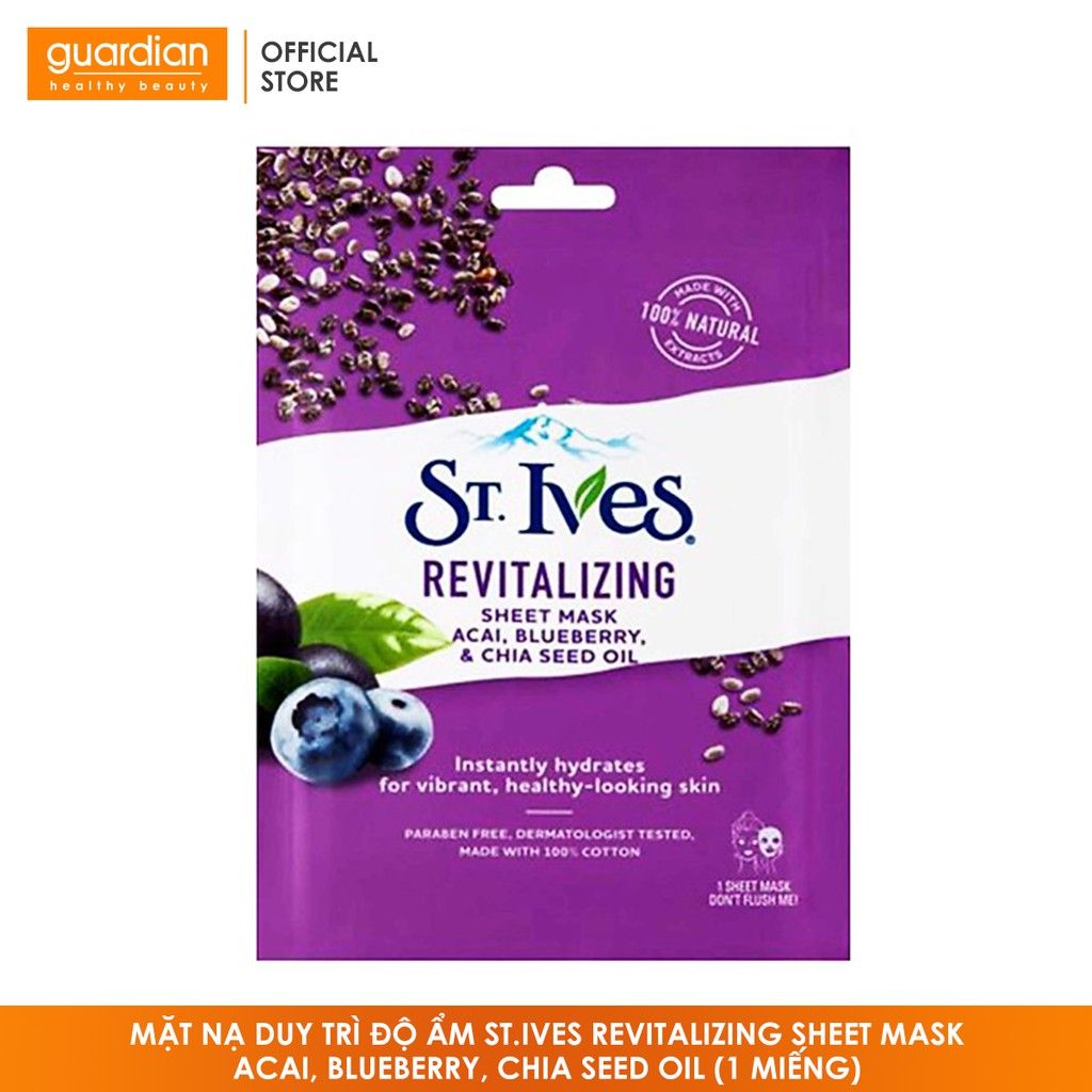 Mặt nạ duy trì độ ẩm St.Ives Revitalizing Sheet Mask Acai, Blueberry, Chia seed oil 23ml (1 miếng)