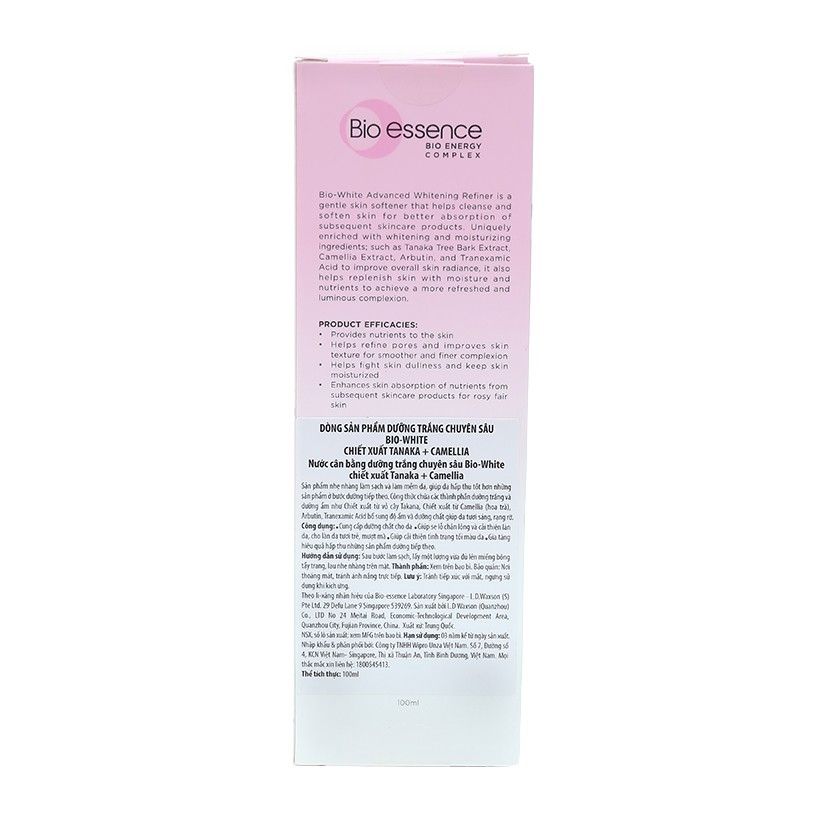 Nước cân bằng da trắng hồng Bio-Essence Bio-White Advanced Whitening Refiner chiết xuất Tanaka & Camellia 100ml