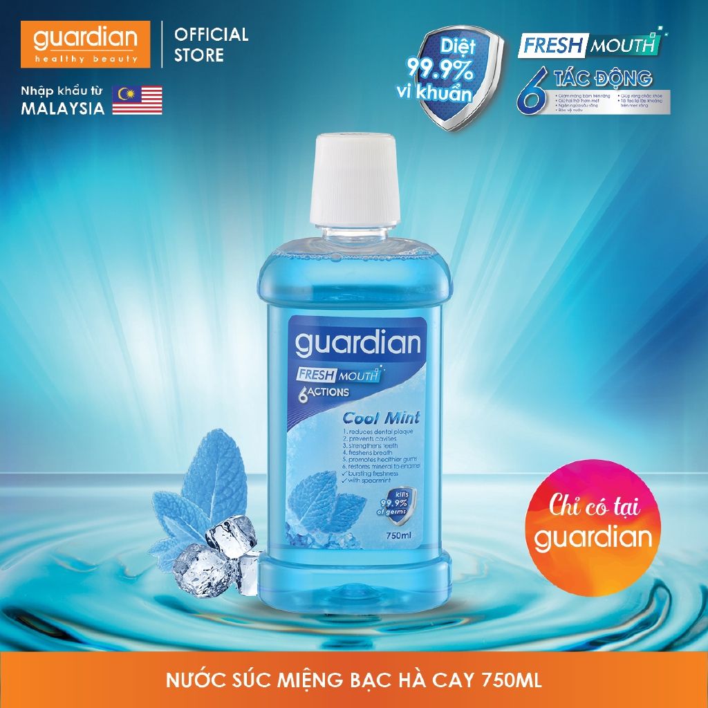 Nước súc miệng Guardian chiết xuất lá Bạc Hà (Cool Mint) – 6 tác động tươi mát cho vùng miệng (750ml)