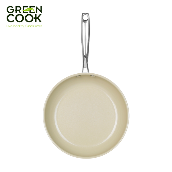 Chảo men gốm 3 lớp Inox nguyên khối Green Cook - Dùng được bếp từ - Tay cầm chống bỏng