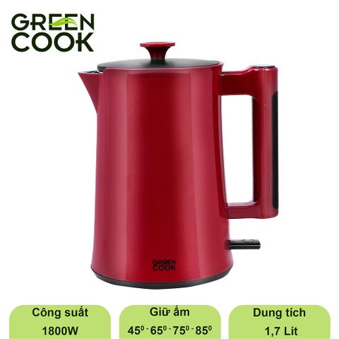 Bình đun siêu tốc cao cấp giữ ấm Green Cook GCEK-17S18D inox 304 nguyên khối 2 lớp 1,7L