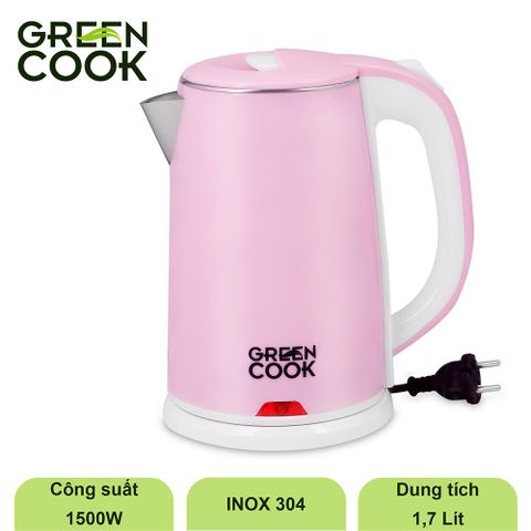Bình đun siêu tốc inox 304 cao cấp 2 lớp chống bỏng 1,7L Green Cook GCEK-17S15D màu hồng