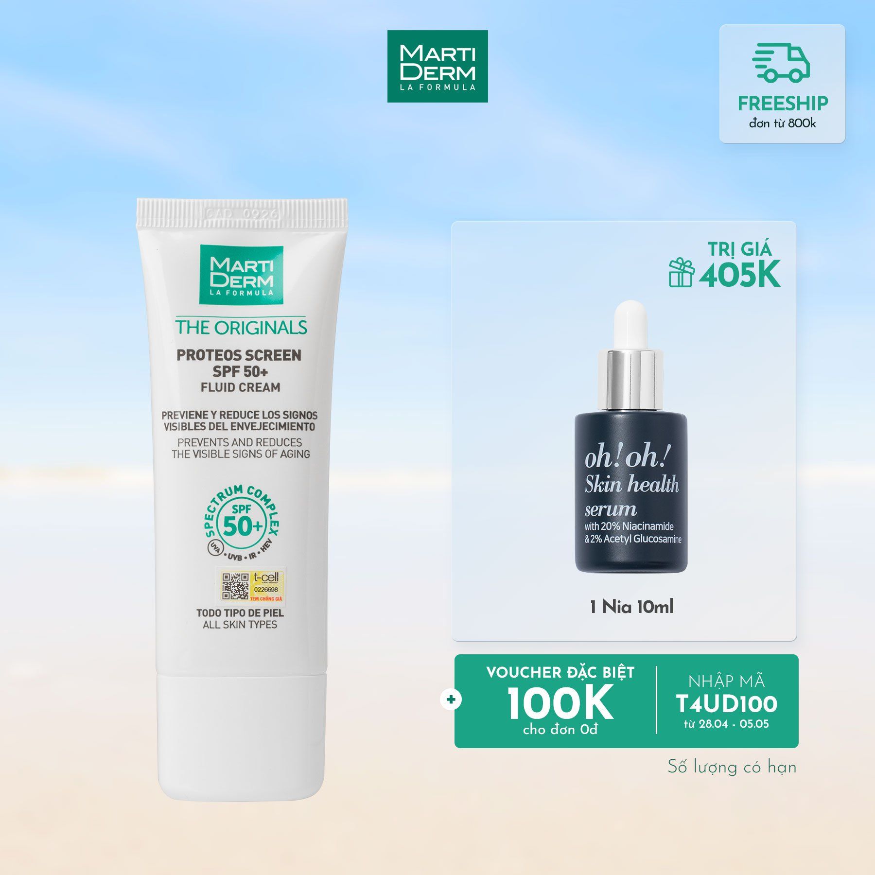 Kem Chống Nắng Phổ Rộng Toàn Diện Ngừa Lão Hóa, Phòng Chống Nám Quay Lại - MartiDerm The Originals Proteos Screen SPF50+ Fluid Cream