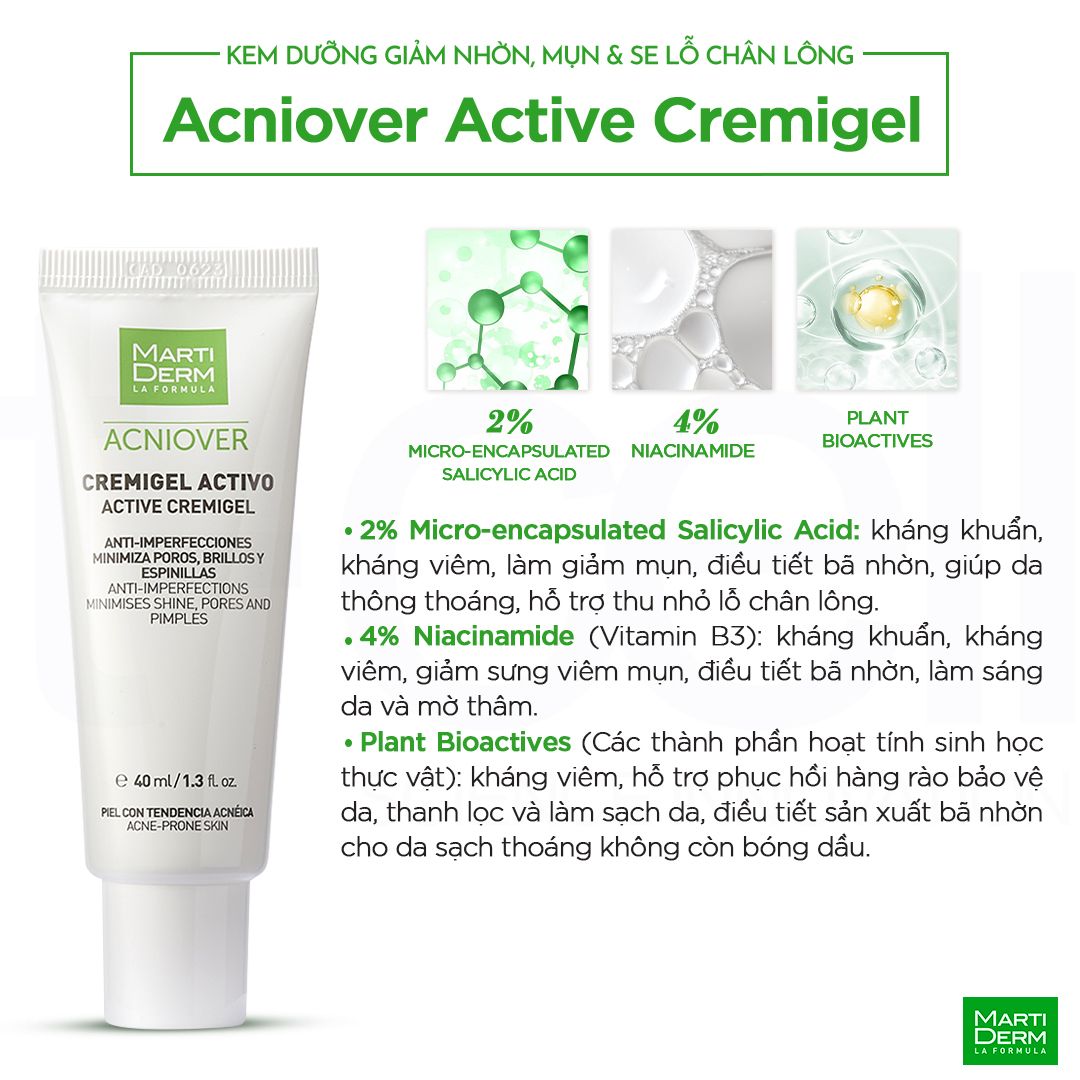 Kem Dưỡng Giảm Nhờn, Mụn & Se Lỗ Chân Lông - MartiDerm Acniover Active Cremigel (40ml)