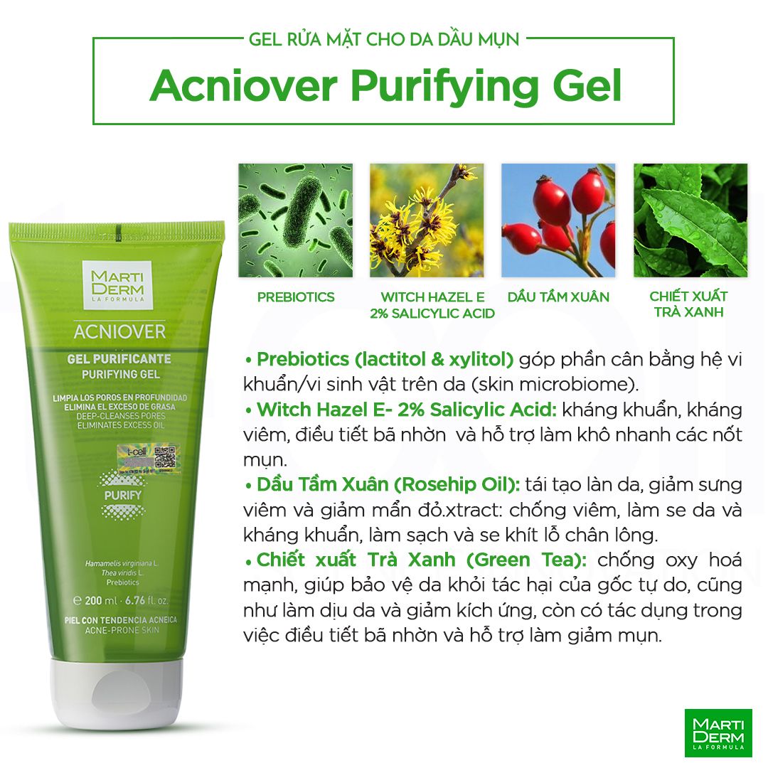 Gel rửa mặt cho da dầu mụn - MartiDerm Acniover Purifying Gel (200ml)