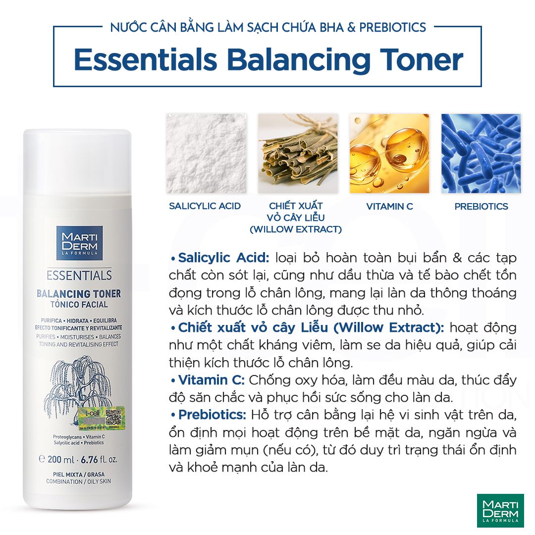 Nước Cân Bằng Làm Sạch Chứa BHA & Prebiotics - MartiDerm Essentials Balancing Toner