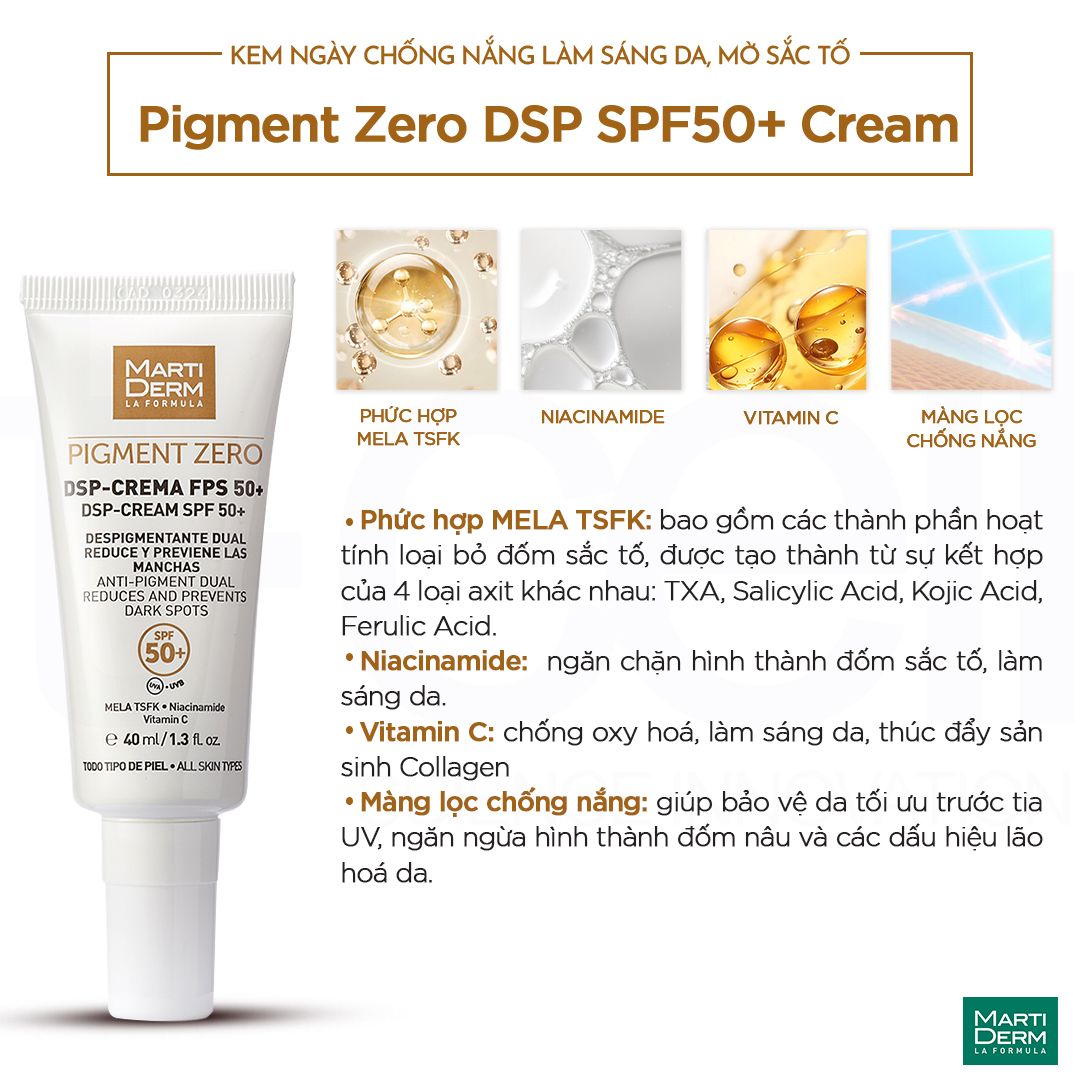 Kem Điều Trị Ban Ngày Chống Nắng Làm Sáng Da, Mờ Sắc Tố, Duy Trì Sau Hydroquinone - MartiDerm Pigment Zero DSP SPF50+ Cream (40ml)