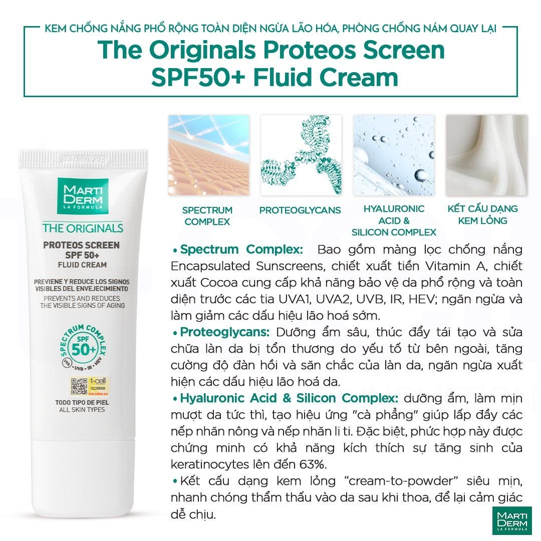 Kem Chống Nắng Phổ Rộng Toàn Diện Ngừa Lão Hóa, Phòng Chống Nám Quay Lại - MartiDerm The Originals Proteos Screen SPF50+ Fluid Cream