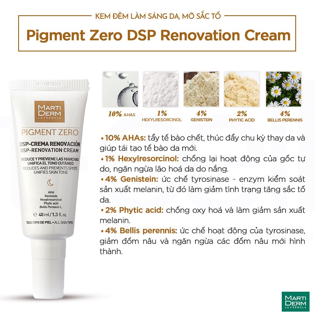 Kem Đêm Làm Sáng Da, Mờ Sắc Tố, Duy Trì Sau Hydroquinone - MartiDerm Pigment Zero DSP Renovation Cream