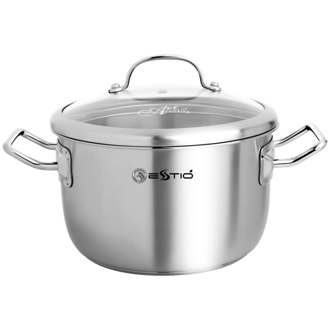 Nồi Inox Estio Pro 3 đáy 24cm, 6.5L nắp kính - 162244 || Estio Pro 3-layer-bottom Stainless Steel Pot with glass lid 24cm, 6.5L - 162244