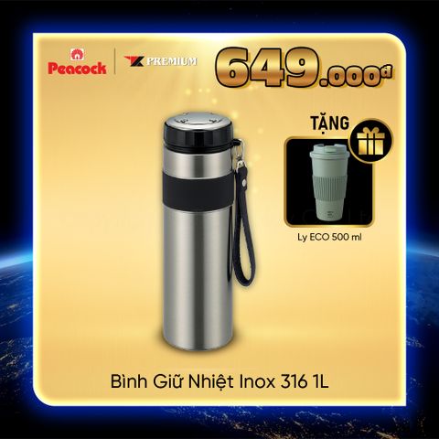 Bình giữ nhiệt Inox 316 Peacock 1L - AMP-100 || Peacock Vacuum Bottle SUS 316 1L - AMP-100