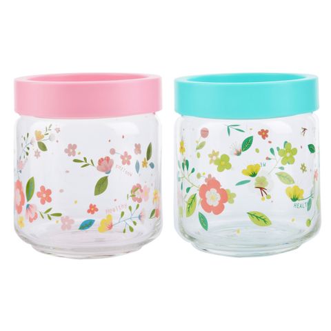 Bộ Hũ thủy tinh Stax jar 500ml in hoa nắp nhựa - Bộ 2 || Set of 2 Stax jars - floral print with plastic lid - 3B0251702X0001-2