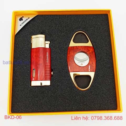 BỘ BẬT LỬA KHÒ XÌ GÀ 3 TIA + DAO CẮT ( CIGAR ) COHIBA CÁC MẦU BKD-07