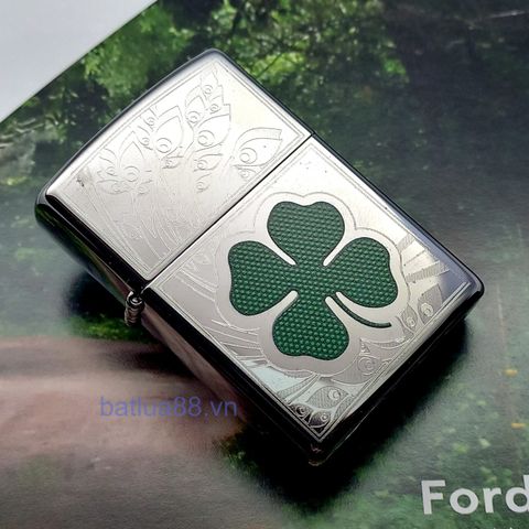 BẬT LỬA ZIPPO CHROME BÓNG HOA VĂN SƠN HẤP NHIỆT CỎ 4 LÁ MAY MẮN Z179