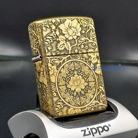 BẬT LỬA ZIPPO BRASS ĐỒNG KHỐI HOA MẪU ĐƠN BẢN AMOR  KHẮC 4 MẶT ZKB73