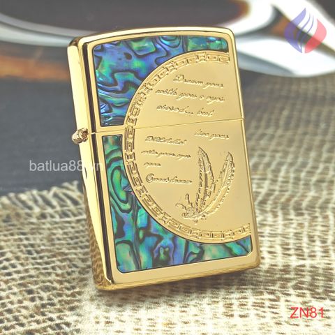 BẬT LỬA ZIPPO MẠ VÀNG HOA VĂN KHẢM XÀ CỪ (KHẢM TRAI) BIỂU TƯỢNG TÌNH YÊU ZN81