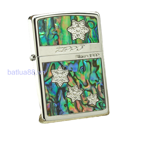 BẬT LỬA ZIPPO MẠ BẠC HOA VĂN KHẢM XÀ CỪ (KHẢM TRAI) HÌNH SAO ZN85