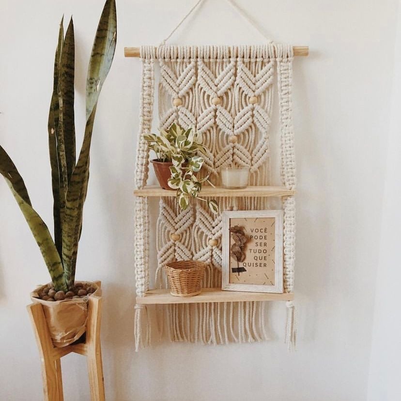 Kệ Gỗ 02 Tầng Treo Tường MACRAME Hoạ Tiết Cánh Bướm