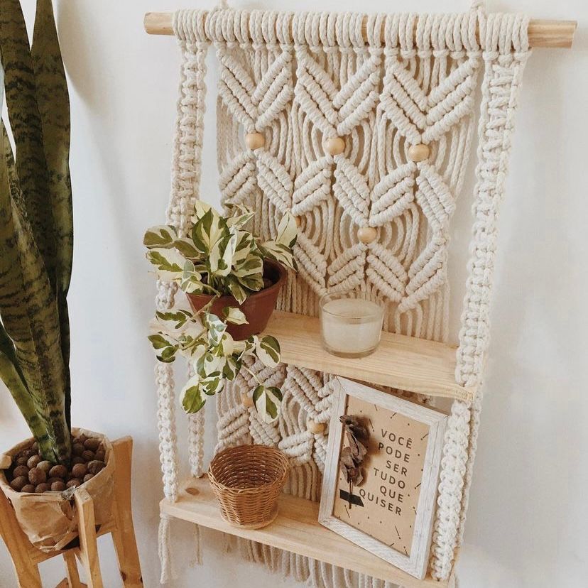 Kệ Gỗ 02 Tầng Treo Tường MACRAME Hoạ Tiết Cánh Bướm