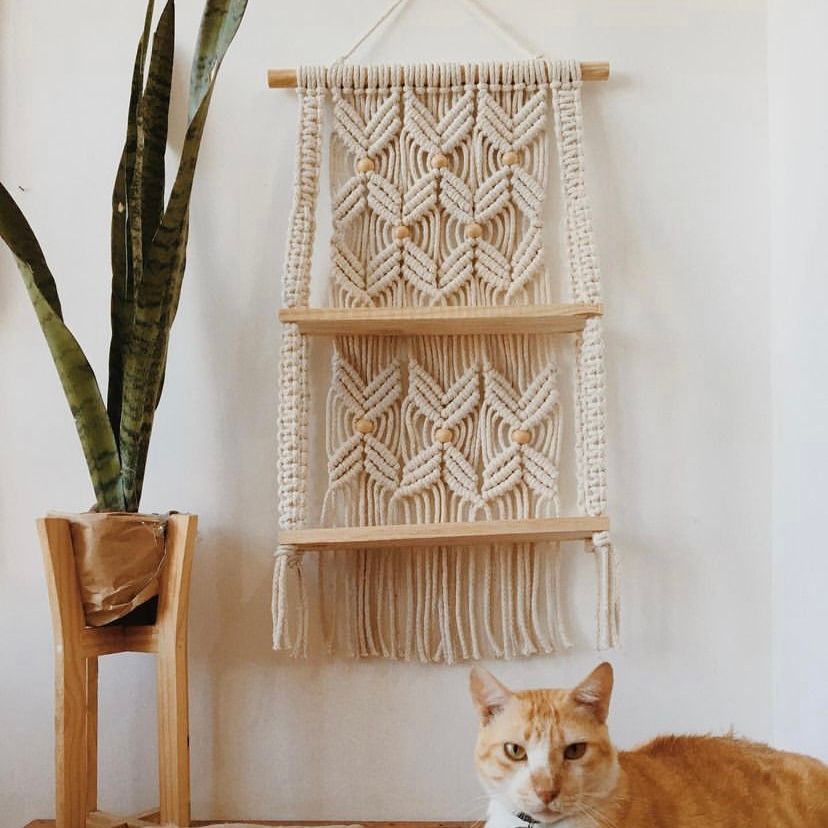 Kệ Gỗ 02 Tầng Treo Tường MACRAME Hoạ Tiết Cánh Bướm