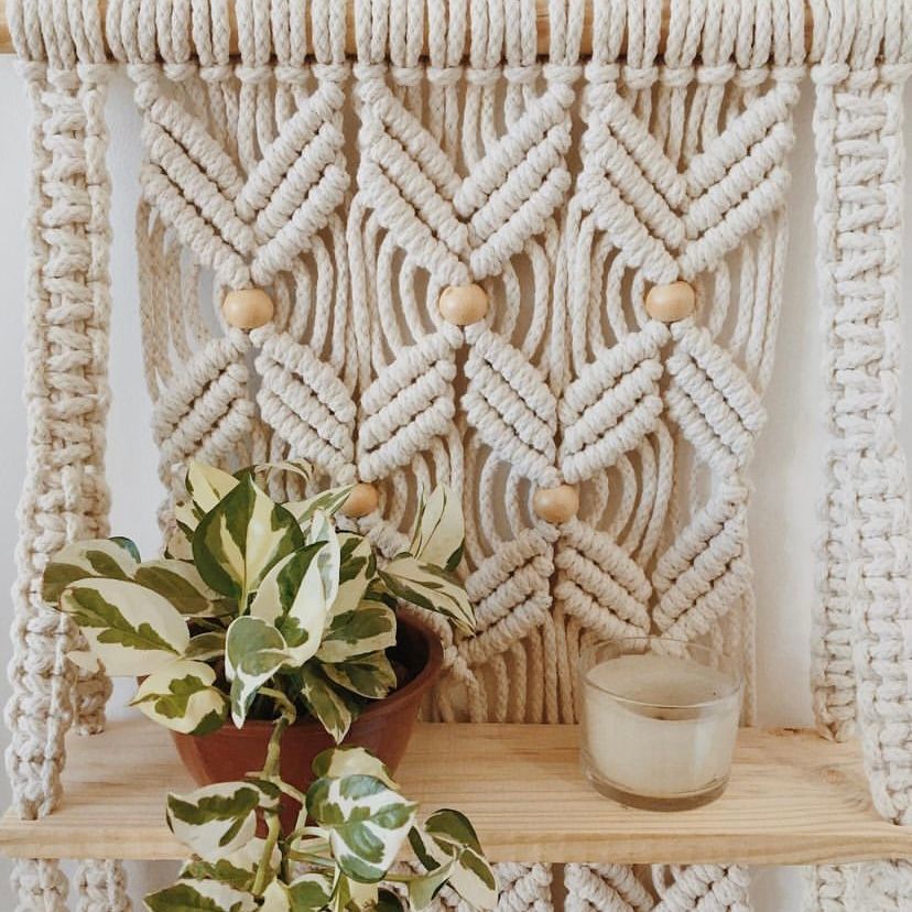 Kệ Gỗ 02 Tầng Treo Tường MACRAME Hoạ Tiết Cánh Bướm