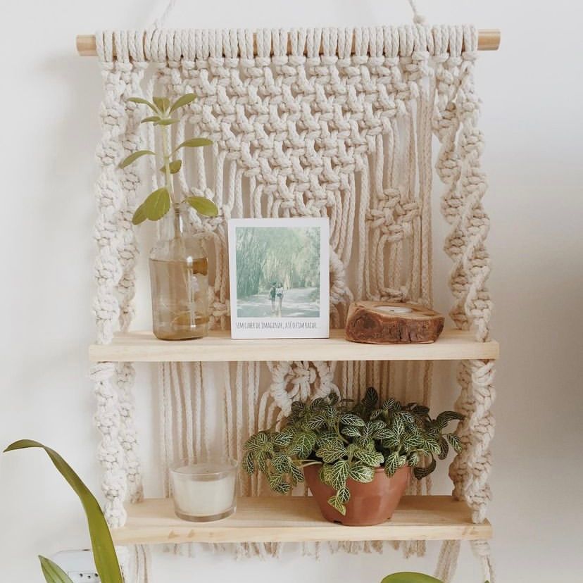 Kệ Gỗ 02 Tầng Treo Tường MACRAME Hoạ Tiết Kim Cương