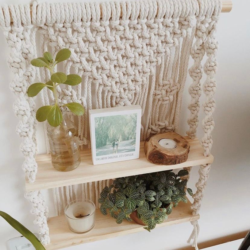 Kệ Gỗ 02 Tầng Treo Tường MACRAME Hoạ Tiết Kim Cương