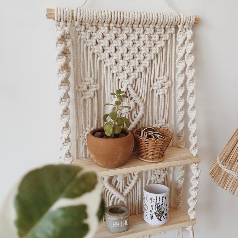 Kệ Gỗ 02 Tầng Treo Tường MACRAME Hoạ Tiết Kim Cương