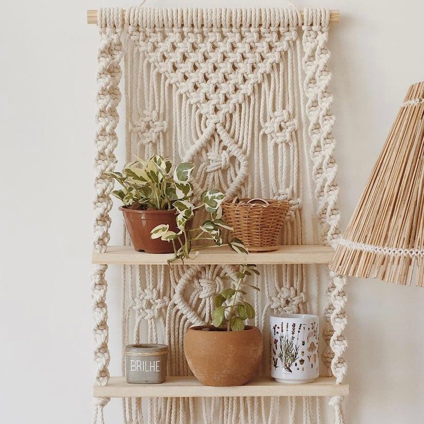 Kệ Gỗ 02 Tầng Treo Tường MACRAME Hoạ Tiết Kim Cương