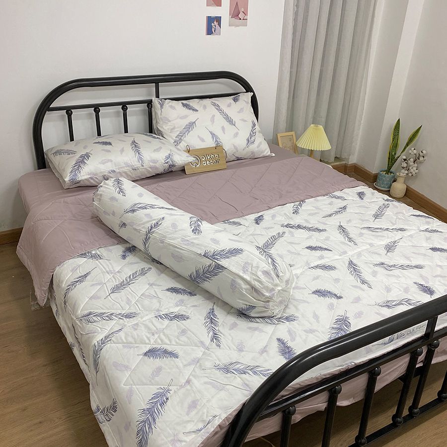 Bộ Chăn Ga Gối Hoạ Tiết Lông Vũ