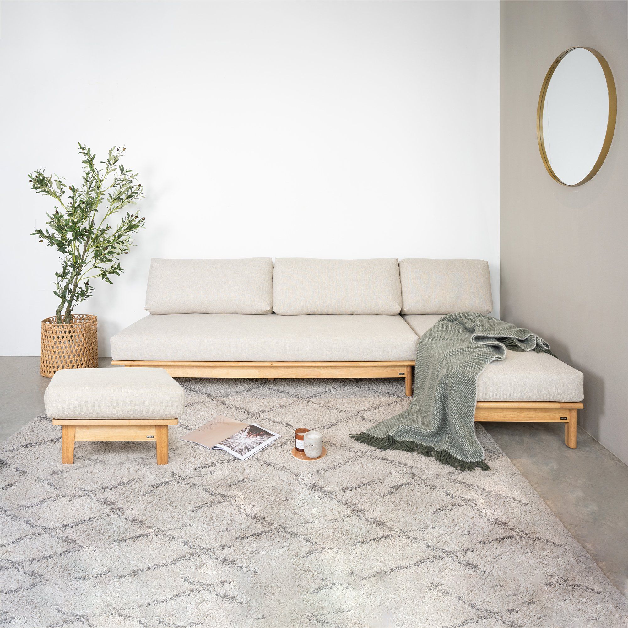 Ghế Sofa Góc Chữ L Gỗ Cao Su Tự Nhiên MOHO VLINE 601 Kèm Đôn